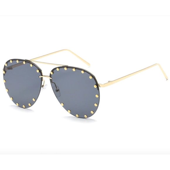 Edgy Rivet Studded Black Aviator Sunglasses Oversized Rimless Pilot Sunglasses - Picture 6 of 7